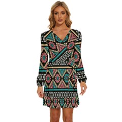 Aztec Wallpaper Long Sleeve Waist Tie Ruffle Velvet Dress