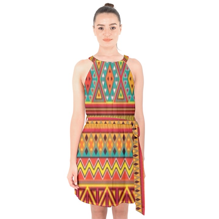 Aztec Halter Collar Waist Tie Chiffon Dress