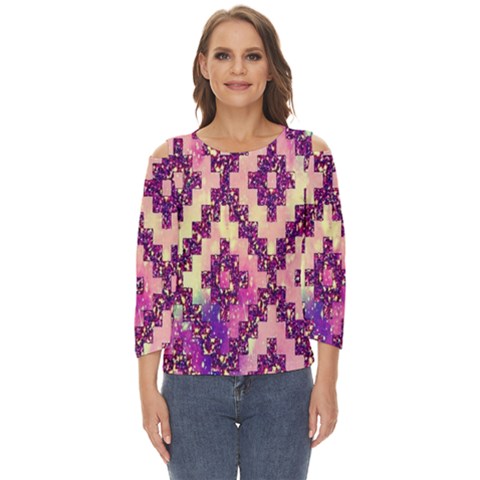 Cute Glitter Aztec Design Cut Out Wide Sleeve Top by nateshop