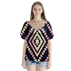 Cute Neon Aztec Galaxy V-neck Flutter Sleeve Top by nateshop