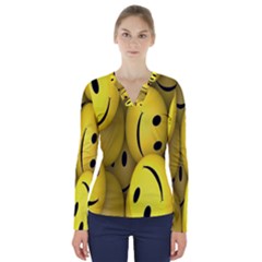 Emoji, Colour, Faces, Smile, Wallpaper V-neck Long Sleeve Top by nateshop