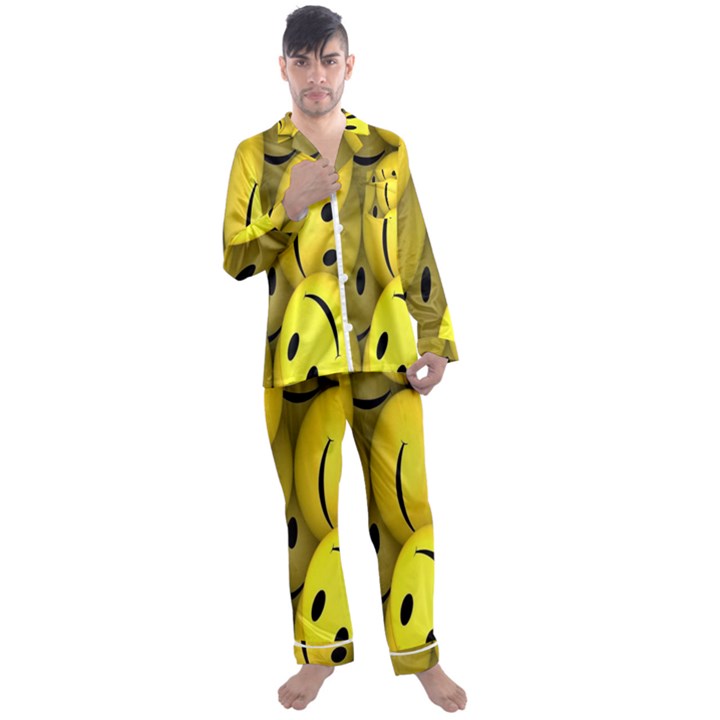 Emoji, Colour, Faces, Smile, Wallpaper Men s Long Sleeve Satin Pajamas Set