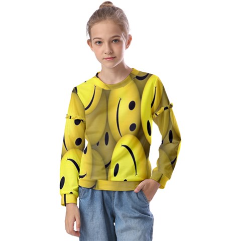 Emoji, Colour, Faces, Smile, Wallpaper Kids  Long Sleeve T-shirt With Frill  by nateshop