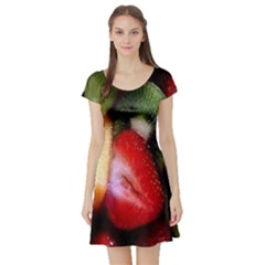 Fruits, Food, Green, Red, Strawberry, Yellow Short Sleeve Skater Dress by nateshop