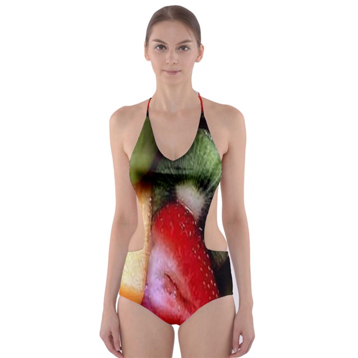 Fruits, Food, Green, Red, Strawberry, Yellow Cut-Out One Piece Swimsuit