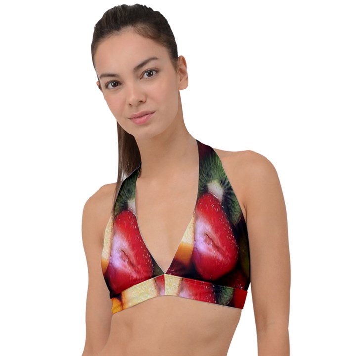 Fruits, Food, Green, Red, Strawberry, Yellow Halter Plunge Bikini Top