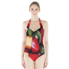 Fruits, Food, Green, Red, Strawberry, Yellow Halter Swimsuit by nateshop