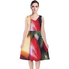 Fruits, Food, Green, Red, Strawberry, Yellow V-neck Midi Sleeveless Dress  by nateshop