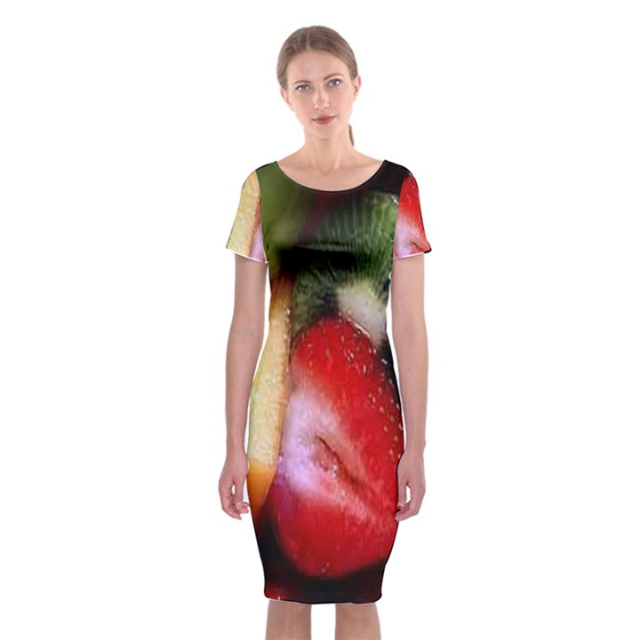 Fruits, Food, Green, Red, Strawberry, Yellow Classic Short Sleeve Midi Dress