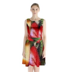 Fruits, Food, Green, Red, Strawberry, Yellow Sleeveless Waist Tie Chiffon Dress by nateshop