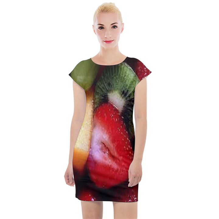 Fruits, Food, Green, Red, Strawberry, Yellow Cap Sleeve Bodycon Dress