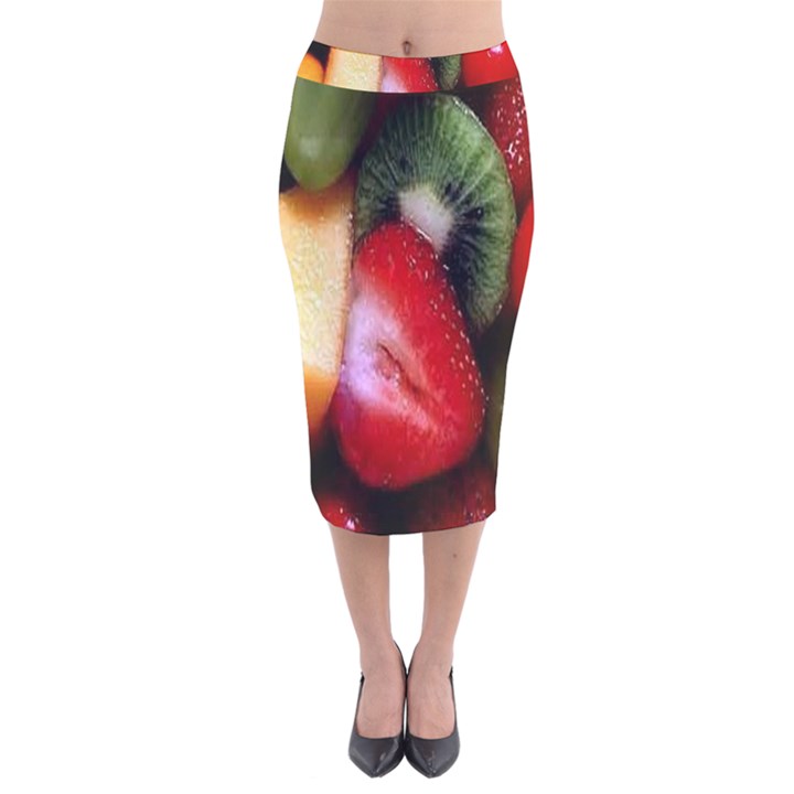 Fruits, Food, Green, Red, Strawberry, Yellow Velvet Midi Pencil Skirt