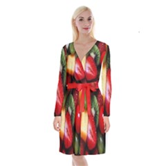 Fruits, Food, Green, Red, Strawberry, Yellow Long Sleeve Velvet Front Wrap Dress by nateshop