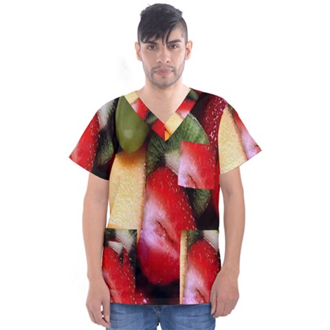 Fruits, Food, Green, Red, Strawberry, Yellow Men s V-neck Scrub Top by nateshop