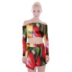 Fruits, Food, Green, Red, Strawberry, Yellow Off Shoulder Top With Mini Skirt Set by nateshop