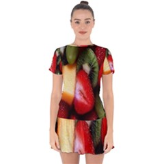 Fruits, Food, Green, Red, Strawberry, Yellow Drop Hem Mini Chiffon Dress