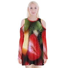 Fruits, Food, Green, Red, Strawberry, Yellow Velvet Long Sleeve Shoulder Cutout Dress by nateshop