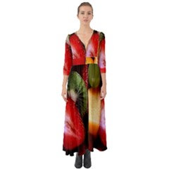 Fruits, Food, Green, Red, Strawberry, Yellow Button Up Boho Maxi Dress by nateshop