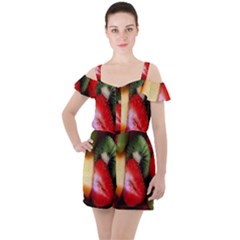 Fruits, Food, Green, Red, Strawberry, Yellow Ruffle Cut Out Chiffon Playsuit by nateshop