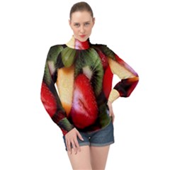 Fruits, Food, Green, Red, Strawberry, Yellow High Neck Long Sleeve Chiffon Top by nateshop