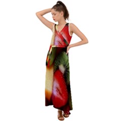 Fruits, Food, Green, Red, Strawberry, Yellow V-neck Chiffon Maxi Dress by nateshop