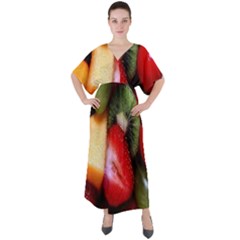 Fruits, Food, Green, Red, Strawberry, Yellow V-neck Boho Style Maxi Dress by nateshop