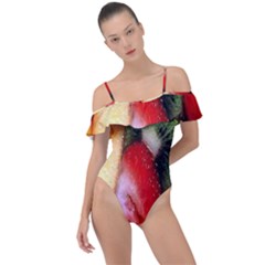 Fruits, Food, Green, Red, Strawberry, Yellow Frill Detail One Piece Swimsuit by nateshop