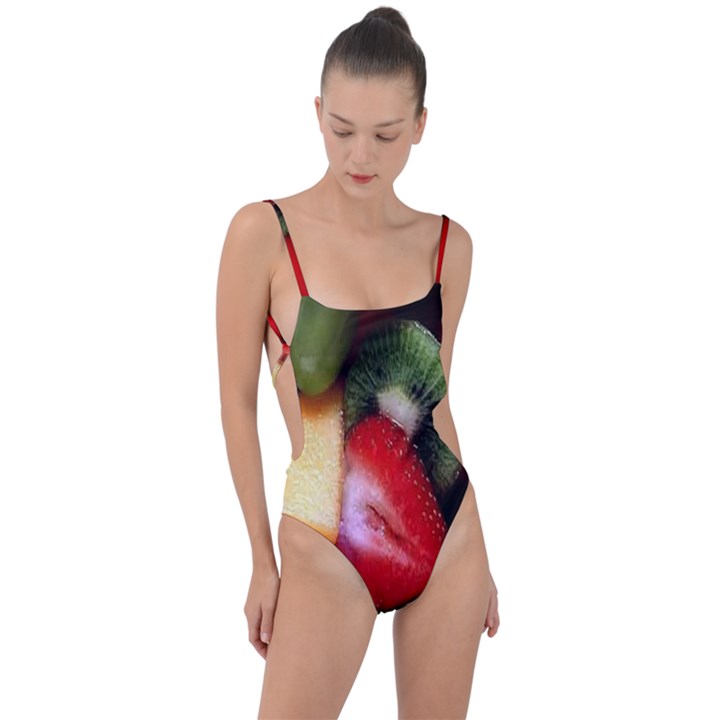 Fruits, Food, Green, Red, Strawberry, Yellow Tie Strap One Piece Swimsuit