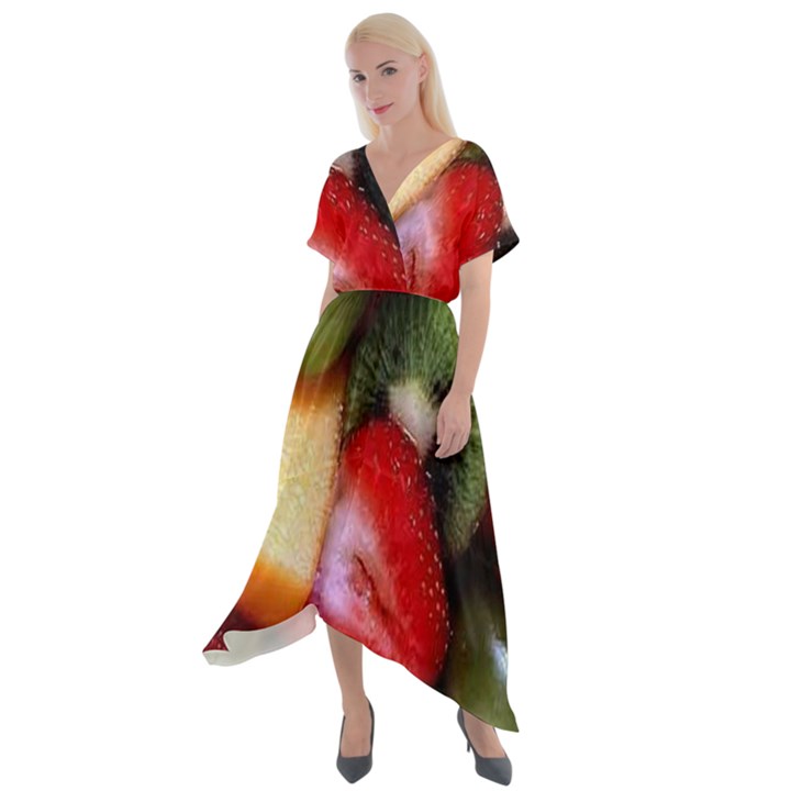 Fruits, Food, Green, Red, Strawberry, Yellow Cross Front Sharkbite Hem Maxi Dress