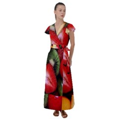 Fruits, Food, Green, Red, Strawberry, Yellow Flutter Sleeve Maxi Dress by nateshop