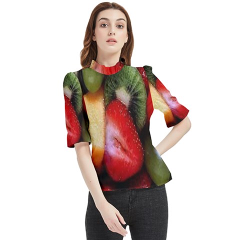 Fruits, Food, Green, Red, Strawberry, Yellow Frill Neck Blouse by nateshop