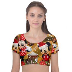 Cartoons, Disney, Merry Christmas, Minnie Velvet Short Sleeve Crop Top  by nateshop