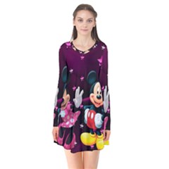 Cartoons, Disney, Mickey Mouse, Minnie Long Sleeve V-neck Flare Dress by nateshop