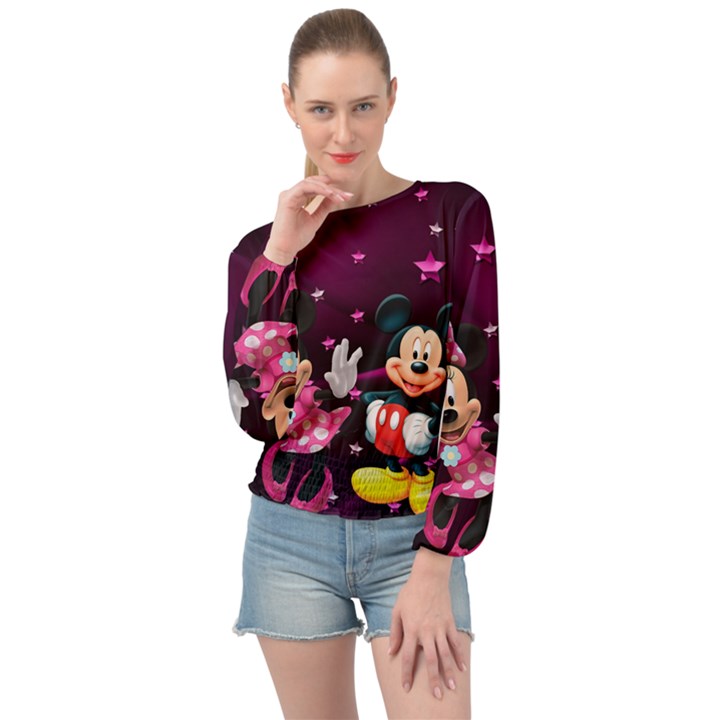 Cartoons, Disney, Mickey Mouse, Minnie Banded Bottom Chiffon Top