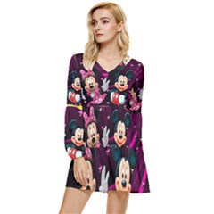 Cartoons, Disney, Mickey Mouse, Minnie Tiered Long Sleeve Mini Dress by nateshop