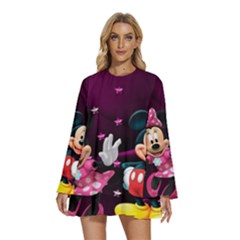 Cartoons, Disney, Mickey Mouse, Minnie Round Neck Long Sleeve Bohemian Style Chiffon Mini Dress by nateshop