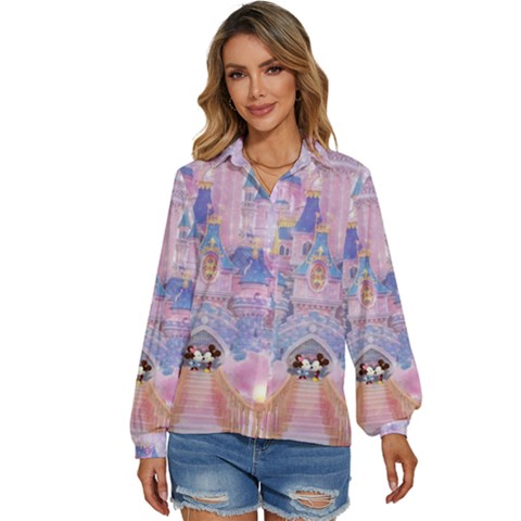 Disney Castle, Mickey And Minnie Women s Long Sleeve Button Up Shirt by nateshop