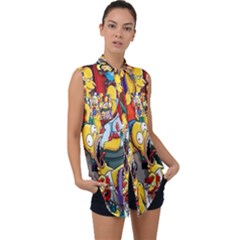 The Simpsons, Cartoon, Crazy, Dope Sleeveless Chiffon Button Shirt