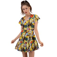 The Simpsons, Cartoon, Crazy, Dope Flutter Sleeve Wrap Dress by nateshop