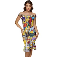 The Simpsons, Cartoon, Crazy, Dope Off Shoulder Ruffle Split Hem Bodycon Dress by nateshop