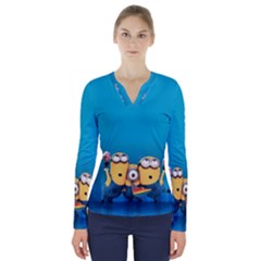 Minions, Blue, Cartoon, Cute, Friends V-neck Long Sleeve Top by nateshop