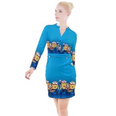 Minions, Blue, Cartoon, Cute, Friends Button Long Sleeve Dress by nateshop