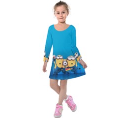 Minions, Blue, Cartoon, Cute, Friends Kids  Long Sleeve Velvet Dress by nateshop