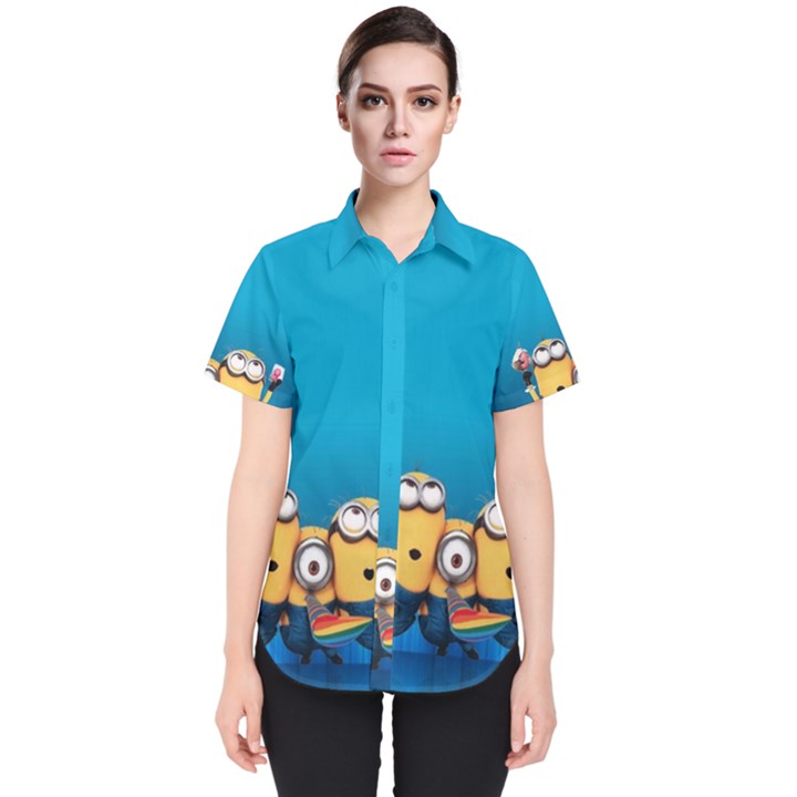 Minions, Blue, Cartoon, Cute, Friends Women s Short Sleeve Shirt