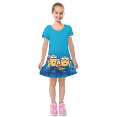 Minions, Blue, Cartoon, Cute, Friends Kids  Short Sleeve Velvet Dress