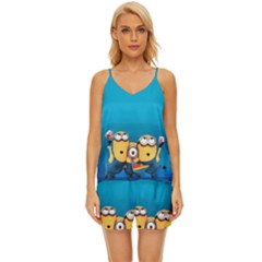 Minions, Blue, Cartoon, Cute, Friends V-neck Satin Pajamas Set by nateshop