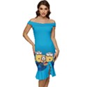 Minions, Blue, Cartoon, Cute, Friends Off Shoulder Ruffle Split Hem Bodycon Dress View1