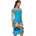 Minions, Blue, Cartoon, Cute, Friends Off Shoulder Ruffle Split Hem Bodycon Dress View3