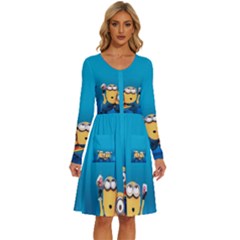 Minions, Blue, Cartoon, Cute, Friends Long Sleeve Dress With Pocket by nateshop