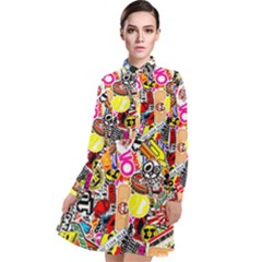 Sticker Bomb, Art, Cartoon, Dope Long Sleeve Chiffon Shirt Dress by nateshop